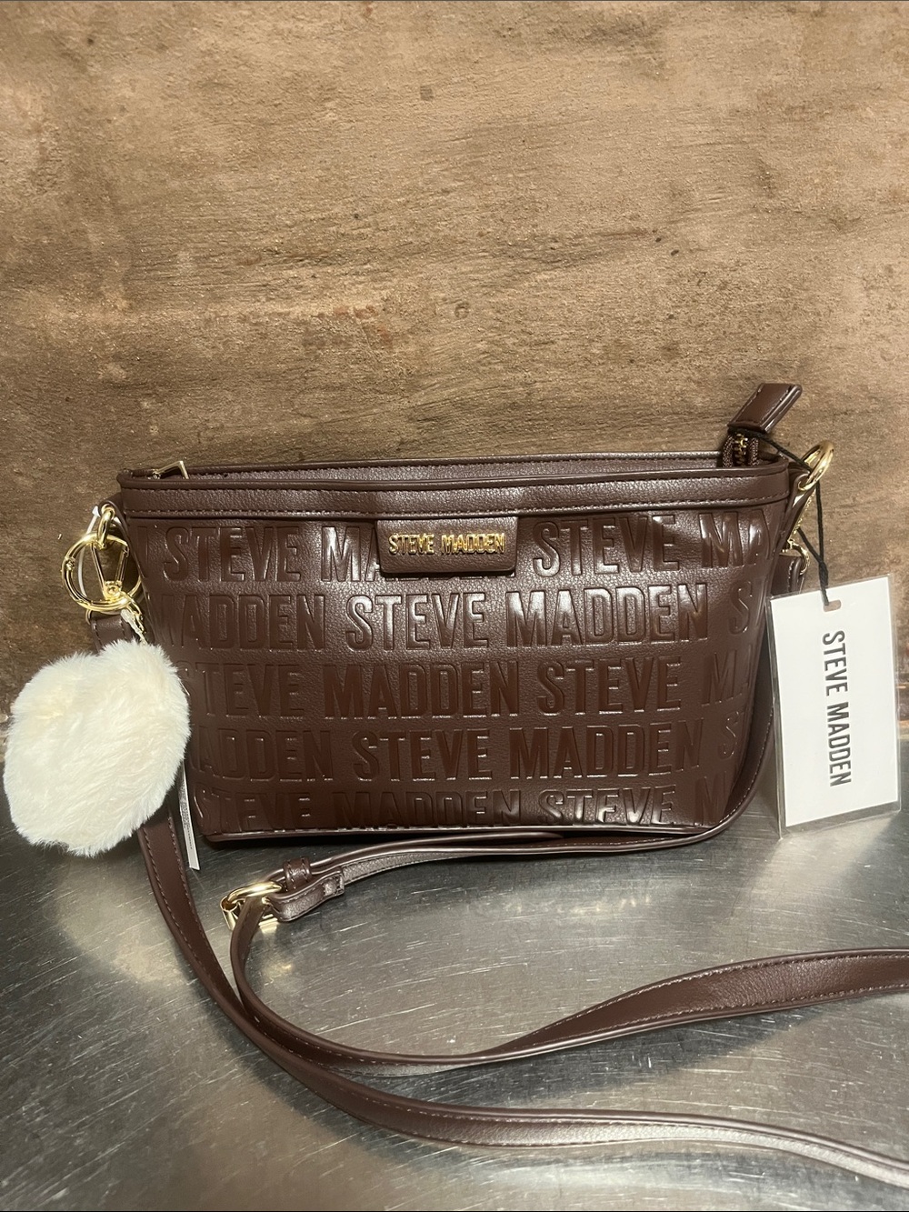 Steve Madden Chocolate Brown Embossed Crossbody Bag with Pom Charm